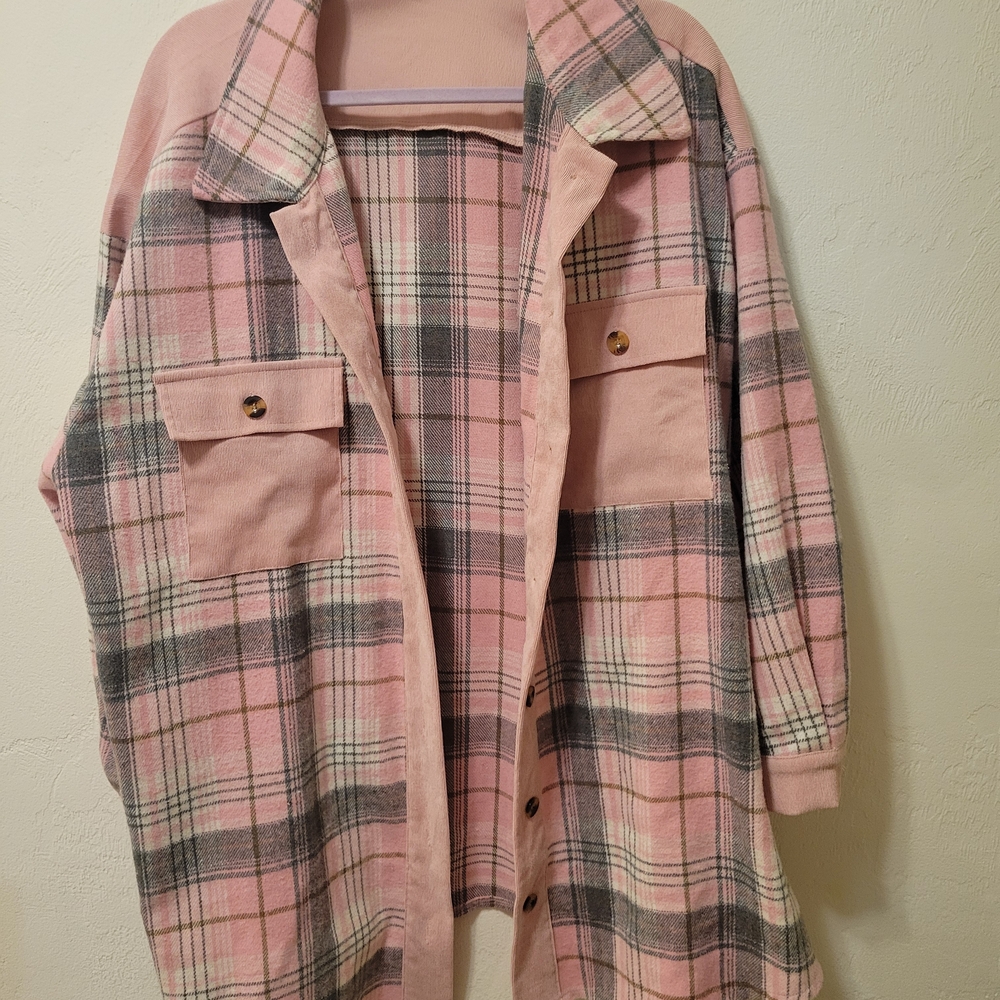 SHEIN Pink and Gray Plaid Shacket